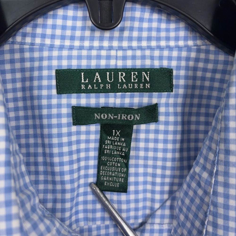 Lauren Ralph Lauren Shirt Womens 1X Blue Gingham Non-Iron 3/4 Sleeve Preppy LRL - Picture 2 of 6